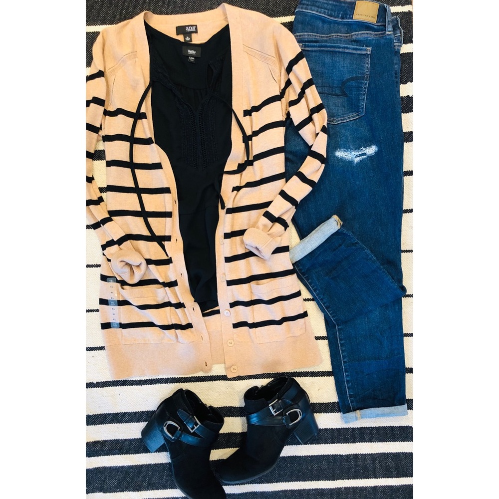 Long button cardigan with camel & black stipe
